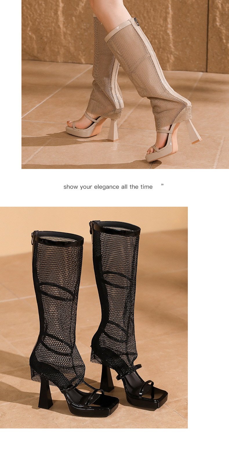 Sandal cao gót nữ mũi vuông hở ngón, quai lưới thoáng khí, gót 11 cm, khóa kéo sau — Màu nude - 11cm chi tiết 7