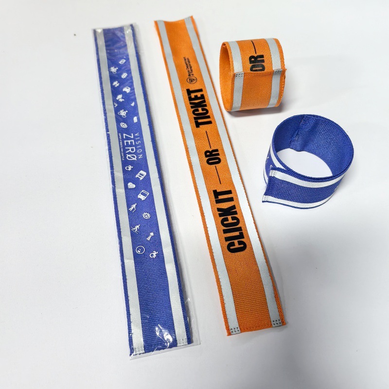 定制印刷图案涤纶空心织带反光啪啪圈手环安全警示银色反光手腕带