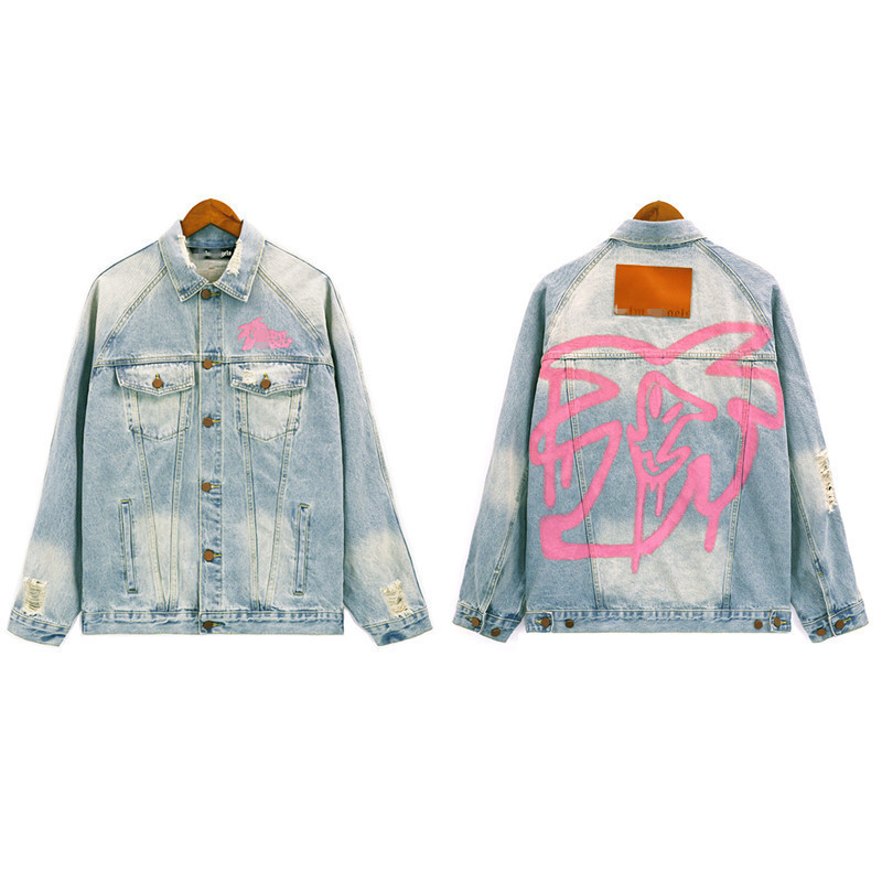 Cross-Border European and American Trendy Brand Palm Angel Jacket Hand-Painted Graffiti Frayed Washed Denim Jacket Men's and Women's High Street Jacket