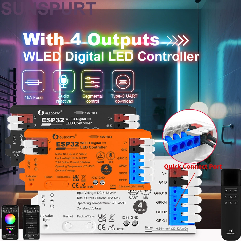 WLED colorful light strip controller ESP32 with microphone downloadable addressable Symphony SPI LED controller