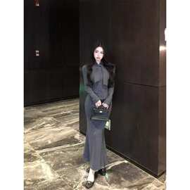 现货古典轮廓时髦精致千金轻熟灰色飘带领结上衣+半身裙套批发