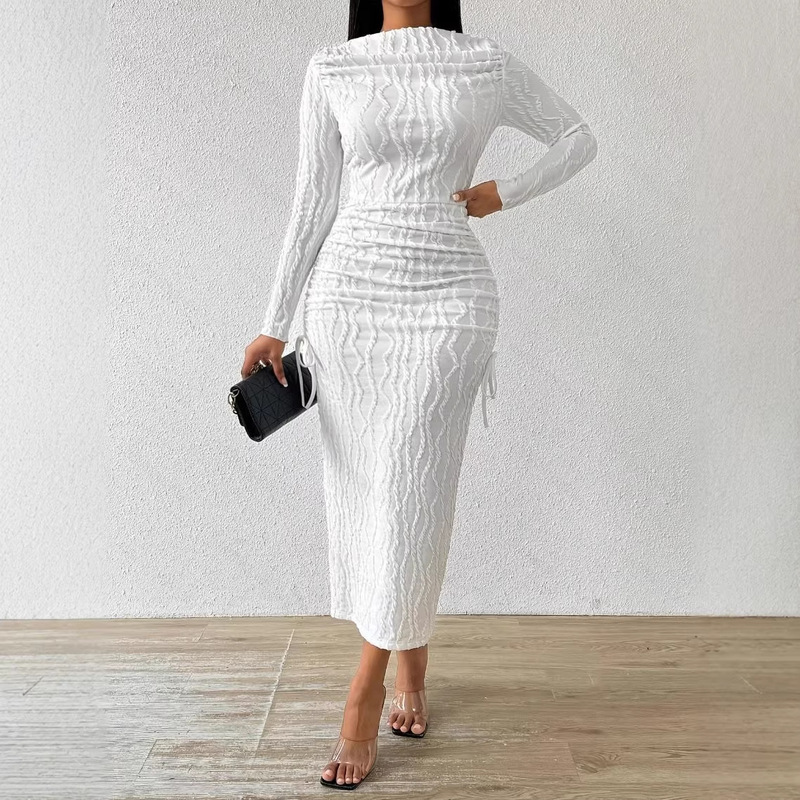 Boat Neck White Textured Knit Pleated Women's Long Dress Elegant Party Dress