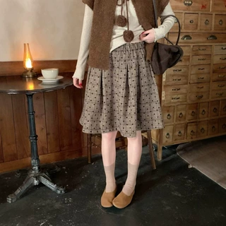 减龄显瘦百搭格纹波点半身裙秋冬新款女装复古风文艺韩系宽松半裙