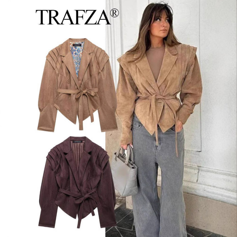 Cross-Border Amazon Autumn Hot-Selling European and American Women's Fashion Waist-Cinching Lace-Up Suede Slim-Fit Jacket Coat for Women in European and American Style Cross-Border Amazon Autumn Hot-Selling European and American Women's Fashion Waist-Cinching Lace-Up Suede Slim-Fit Jacket Coat for Women in European and American Style