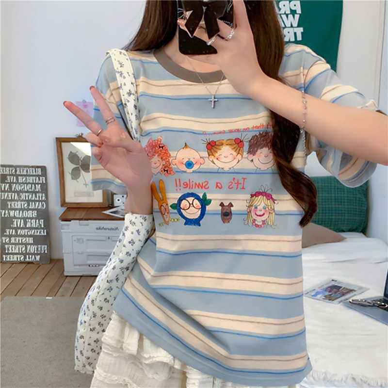 卡通撞色条纹短袖t恤女2025新款夏季美式宽松洋气减龄学院风上衣|undefined