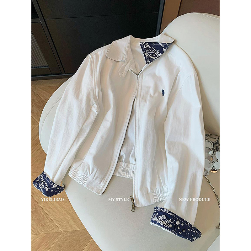 Minimalist Old Money Style White Lapel Padded Shoulder Jacket for Men, Autumn Trendy Style Short Embroidered Denim Jacket