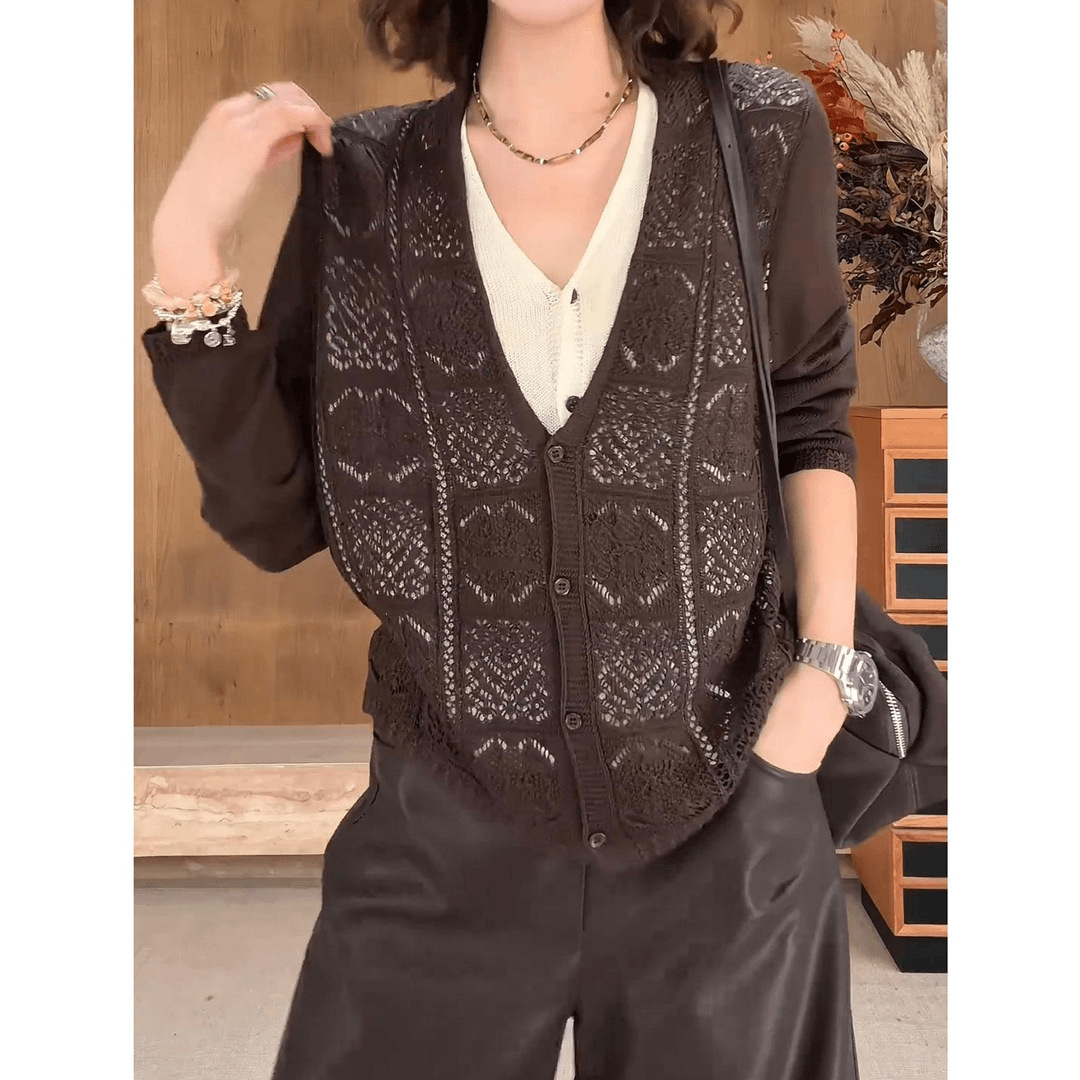 Plus-size V-neck faux two-piece brown long-sleeved knitted cardigan for women, autumn, loose fit, slimming sweater base layer top.