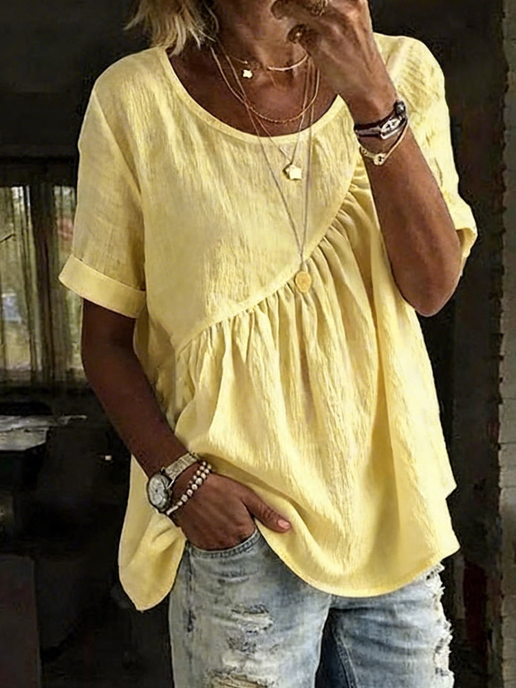 Women's Solid Color Ruffle Detail Short Sleeve T-Shirt round Neck Blouse Casual Outfit with Shirring_ecoleips.com