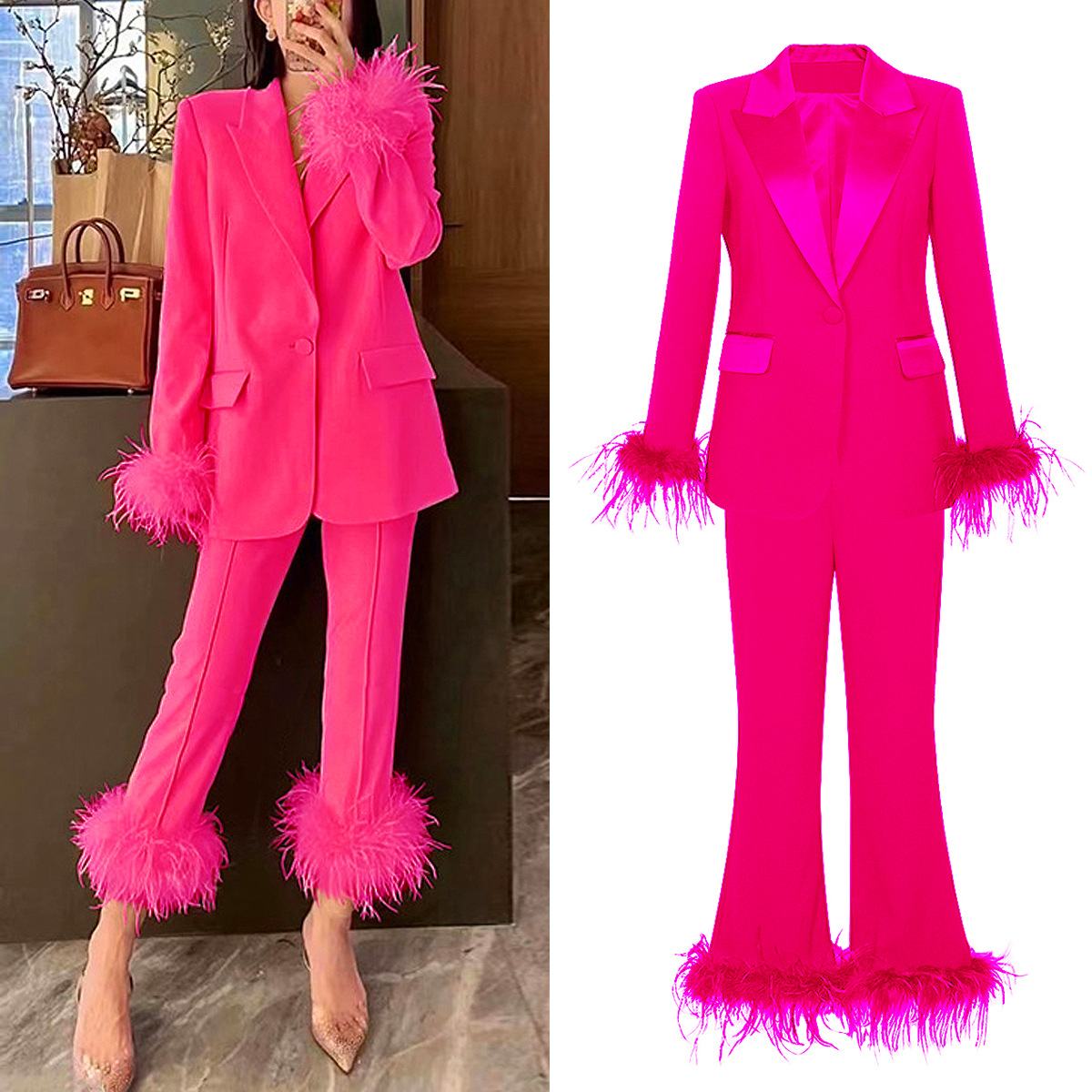 2370 In-stock Spring Autumn New European And American Internet Celebrity Style Ostrich Feather Two-piece Set Elegant_ecoleips.com