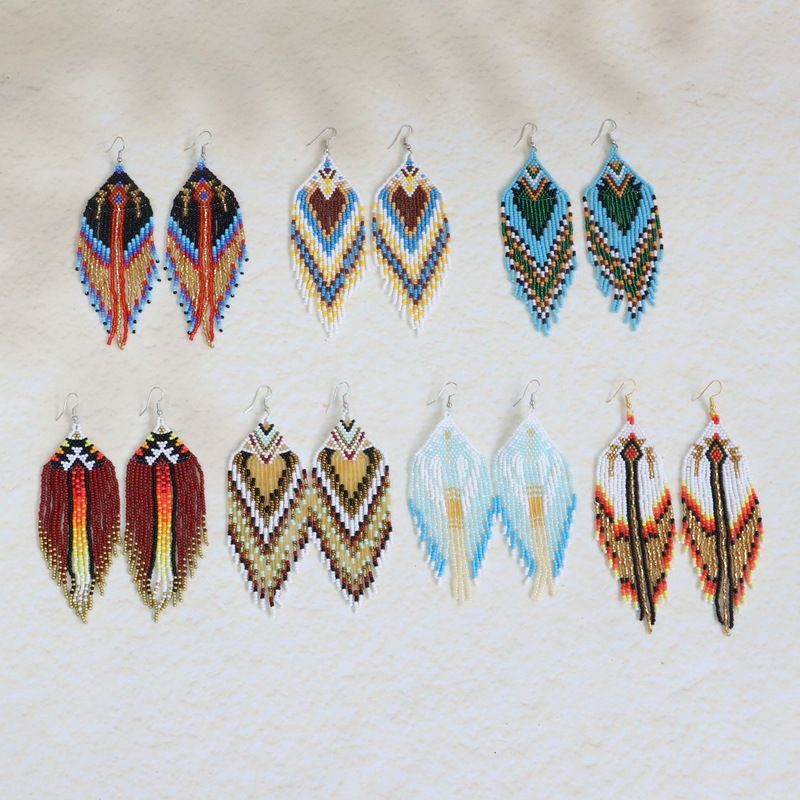 Bohemian Vintage Geometric Shape Long Tassel Earrings Handmade Beaded Women's Earrings Ethnic Style Party Jewelry