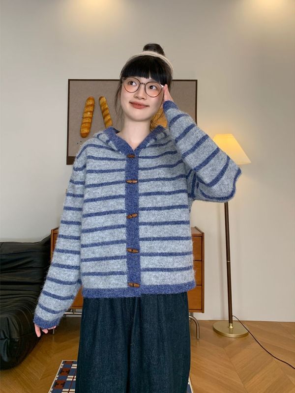 韩式条纹连帽橄榄扣毛衣开衫女秋冬慵懒风宽松撞色针织衫上衣外套|undefined