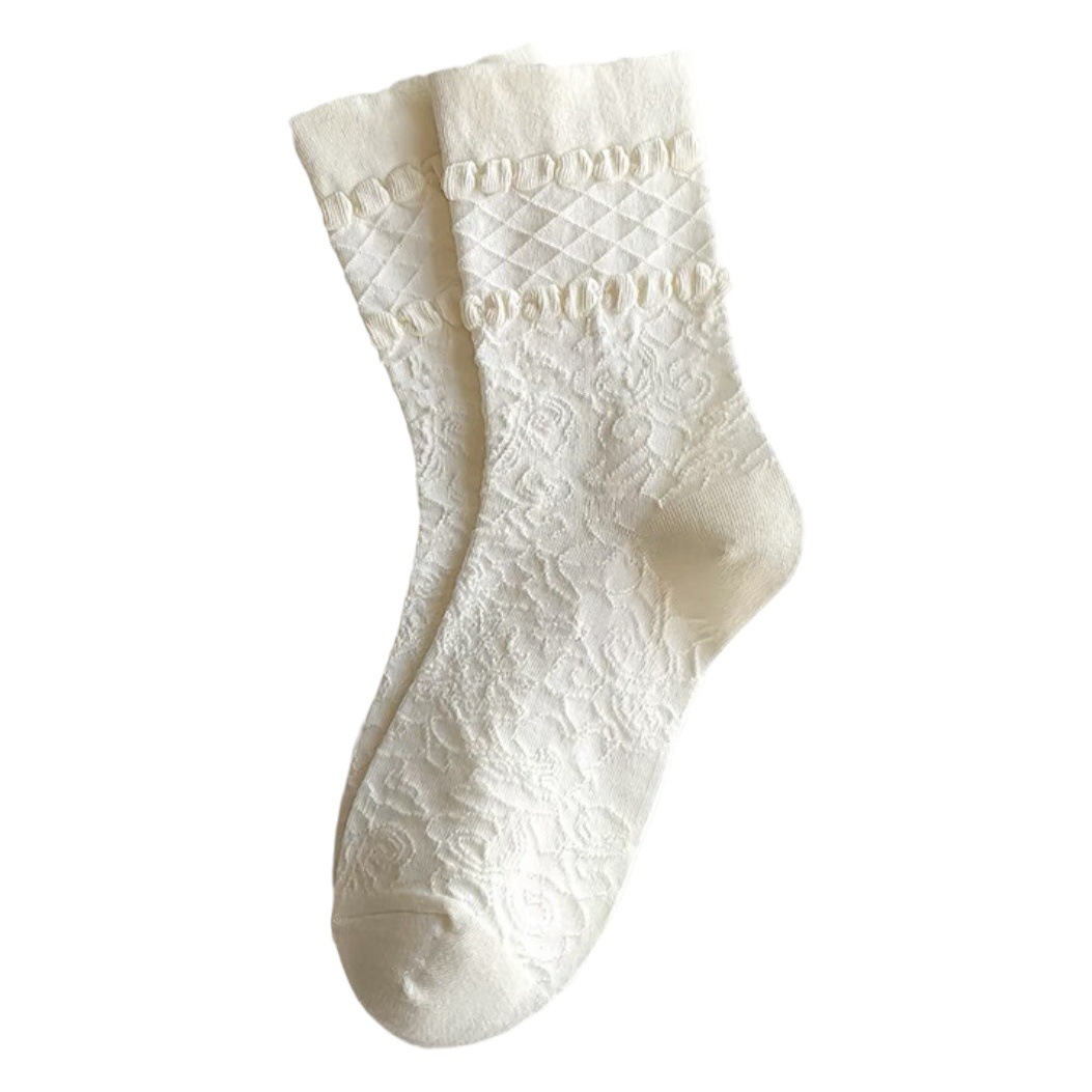 Beige JK calcetines de media pantorrilla para mujer primavera y verano Delgado lindo versátil color sólido simple estilo preppy transpirable chica calcetines de encaje