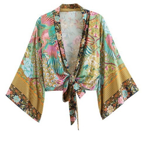 2024 new European and American sexy printed V-neck batwing sleeve bohemian blouse