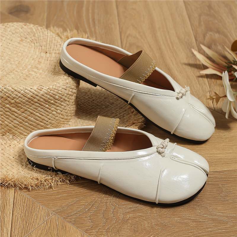 In-Stock Grape-Colored Soft-Soled Flat Loafers with Skirt-Friendly Pig's Trotter Split-Toe Strap Mules for Women