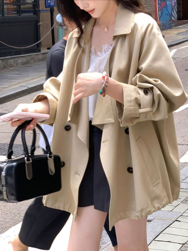 莱赛尔天丝棉撞色扣荡领上衣女秋廓形可调节扣袢风衣外套|undefined