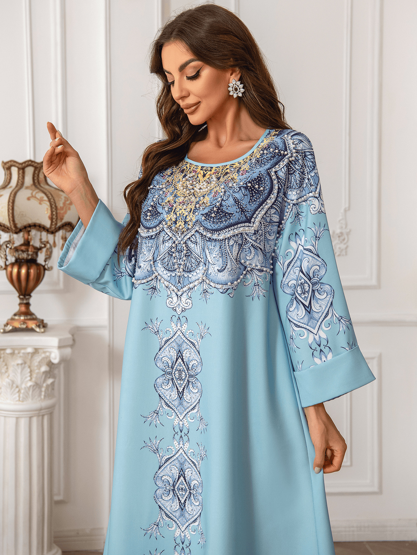 ZD024 Middle Eastern And European Cross-border Foreign Trade Muslim Printed Robe Abaya Beaded Round-neck Dress Gown_ecoleips.com