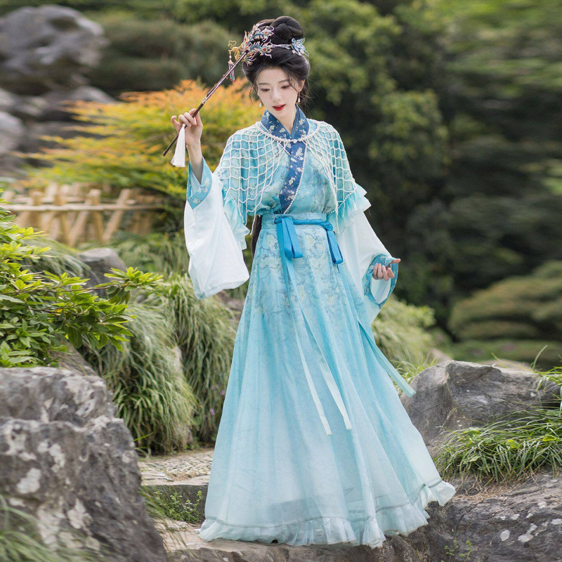 Spring and Summer New Style Qingxue Original Wei-Jin Dynasty-Inspired Fairy-Style Improved Daily Hanfu Set for Women, Traditional Chinese Ancient Style Clothing