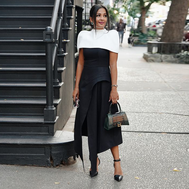 French-Style Socialite Cocktail Dress 2026 Summer New Black and White Color-Blocking Detachable Cape Slit Solid Color Dress French-Style Socialite Cocktail Dress 2026 Summer New Black and White Color-Blocking Detachable Cape Slit Solid Color Dress