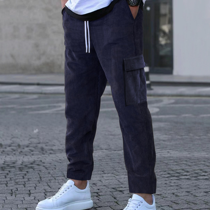 Men's New Corduroy Pants Solid Color Sports Pants Loose Straight Multi Pocket Casual Pants_voghion.com