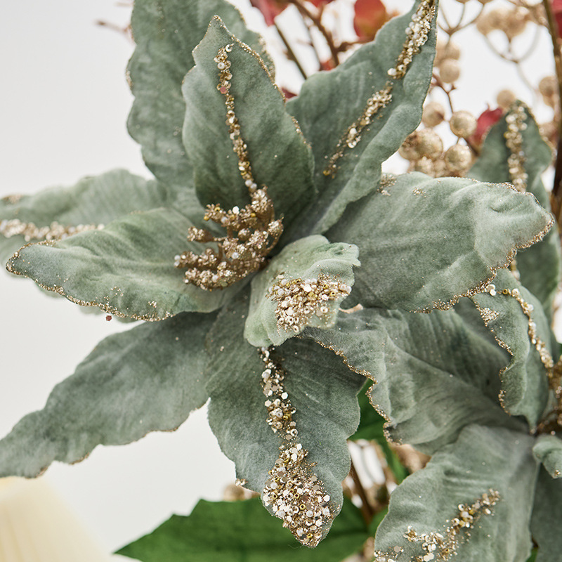 24 nuevas ventas transfronterizas de flores de Navidad verdes de alta calidad, flores de imitación de tamaño grande, accesorios de decoración de árbol de Navidad