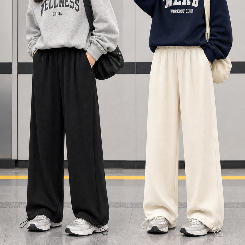 Gray cotton-blend straight-leg pants for women, loose-fitting, slimming, casual, sporty, workwear style, thickened for warmth, with elastic cuffs, suitable for autumn and winter