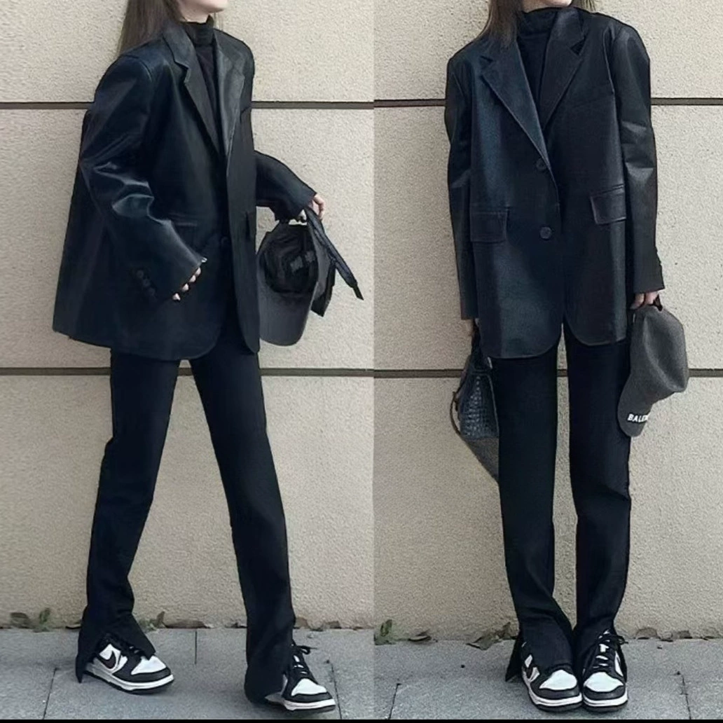 Черный ретро костюм повседневная кожаная куртка женская весна и осень 2025 новая свободная средняя длинная сетка красный костюм