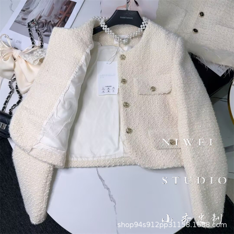 Short Round Neck Long Sleeve Tweed Socialite Style Versatile Top Trendy 2025 Autumn and Winter New Style Small Fragrance Jacket for Women