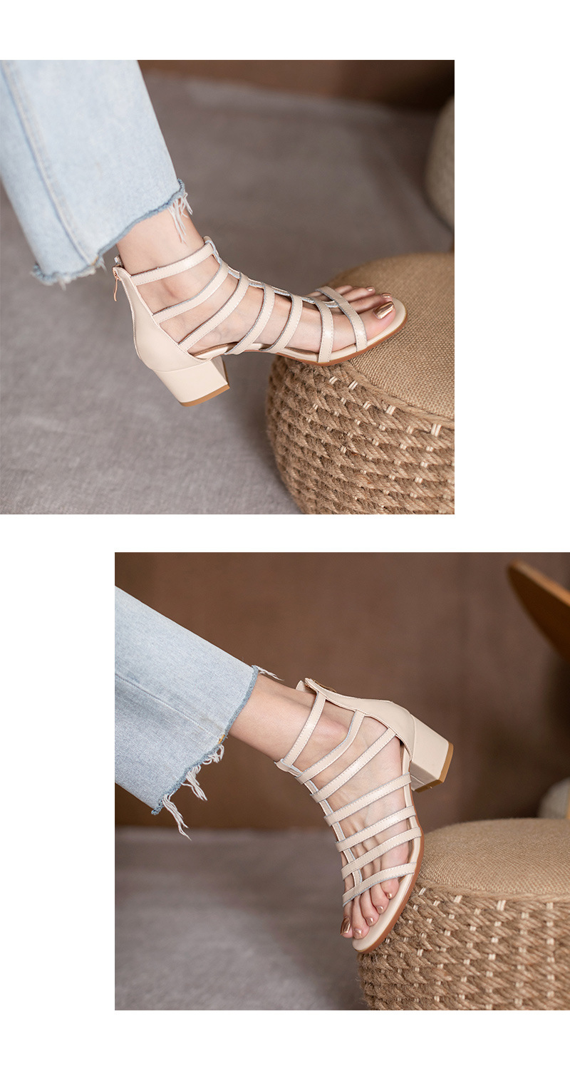 Sandal nữ cao gót siêu cao da bò kiểu La Mã cổ cao gót thô — Màu đen chi tiết 10