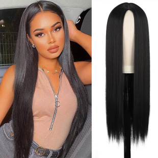 European and American chemical fiber wig women's full head cover mid-length women's black long straight mechanism simulation scalp cross-border supply wig