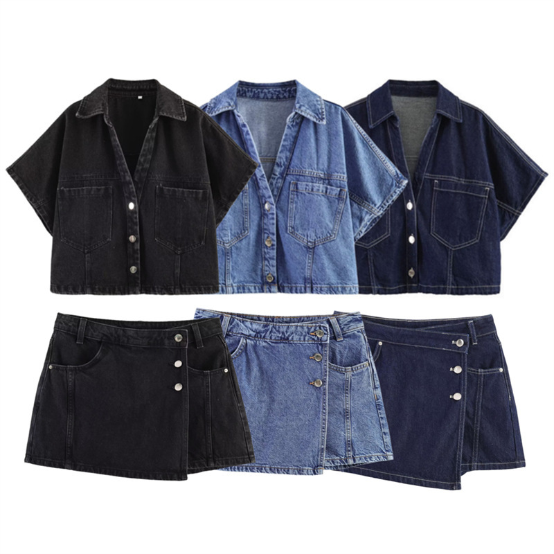 Unizera Women's Clothing 2026 Summer New Products: Denim Short Shirt with Lapel Collar 7484044, Denim Skirt Pants 7484045