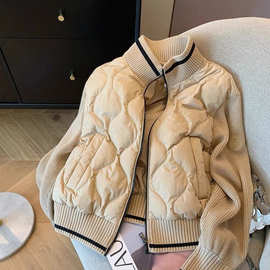 卡其色立领拼接针织菱格棉服女秋冬2024复古宽松百搭轻薄夹棉外套