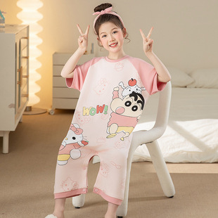 Spring and Summer Kidsren's One-Piece Pajamas, Girls' Home Clothes, Girls' Short-Sleeved Pure Cotton Nightgowns, Belly Protection and Anti-Kick Quilts