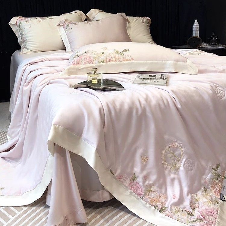 American Pastoral Flower Embroidery 100s Tencel Summer Cool Quilt Four-Piece Set Cool Ice Silk Air Conditioning Machine Wash by Naked Sleep