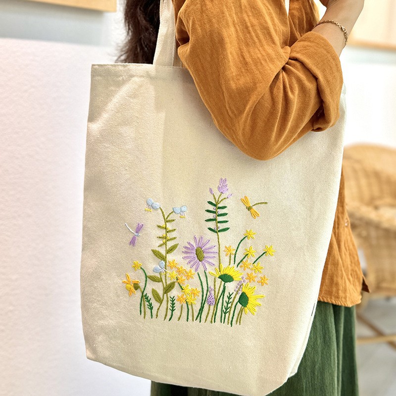 Hecho a mano DIY cinta bordada bolsa de lona Lu bordado solo hombro bolso tridimensional bordado flor lienzo mujer bolsa grande