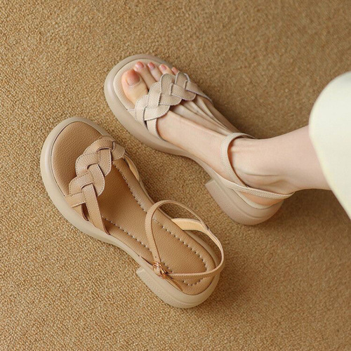 Leather soft sole French retro woven one strap open-toe summer sandals for women, thick bottom Roman shoes, Korean style, matches skirts