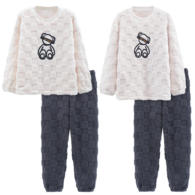 Pijamas de pareja de invierno forrados de lana engrosada coral polar hombres y mujeres Otoño e Invierno franela ropa para el hogar cálido traje de dos piezas