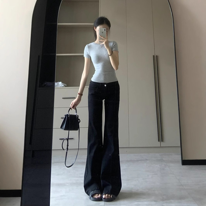 American Black Versatile Bootcut Jeans for Women Summer New Low-Waist Elastic Slimming Loose Floor-Length Flared Pants