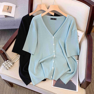 Ladies temperament coat plus size chubby girl slimming summer ice silk knitwear plus fat 260kg V collar shirt 9169