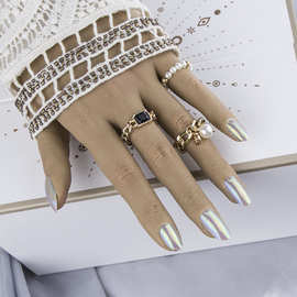 欧美新款热销跨境配饰珍珠链条戒指镶黑钻多套指环戒指套装亚马逊