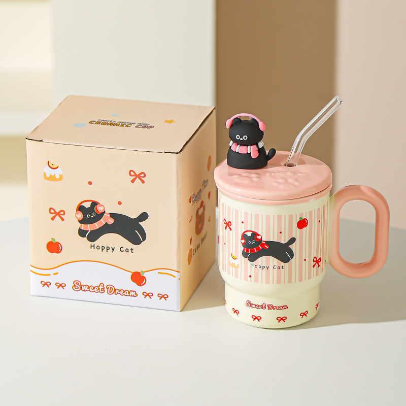 2025 verano nueva taza de paja graffiti animal cerámica con taza de agua cubierta taza de dibujos animados macacos lindos regalos de cumpleaños