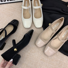 粗跟瑪麗珍單鞋女鞋子2024年新款秋季法式中跟晚晚黑色方頭小皮鞋