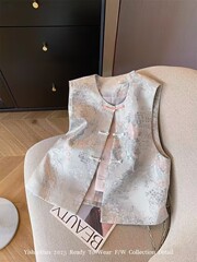 灰色新中式提花盘扣马甲女2025春季新款气质圆领国风背心上衣