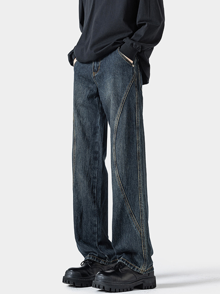American Retro Patchwork Jeans For Men Loose Wide Leg Casual Trousers_voghion.com
