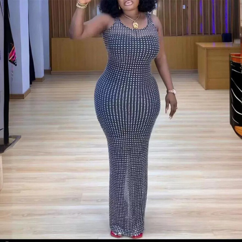 Diamond Long Skirt Holiday Clothing Sexy Mesh Hot Diamond Dress Cut Out See-Through Slim Long Skirt Evening Dress Singer