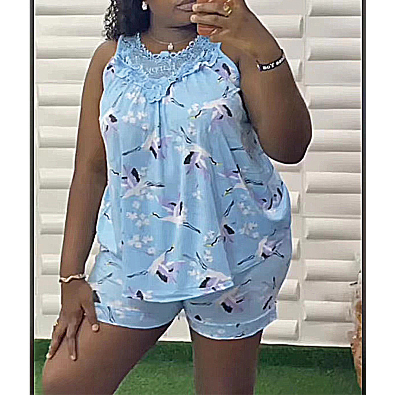 Pajamas Women's Summer Printed Lace Vest Set Loose Size Shorts Sleeveless Home Clothes Foreign Trade Spot Wholesale