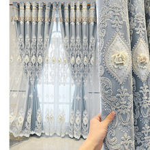 简约欧式双层加厚遮光布纱一体成品客厅卧室奢华北欧浮雕绣花窗帘