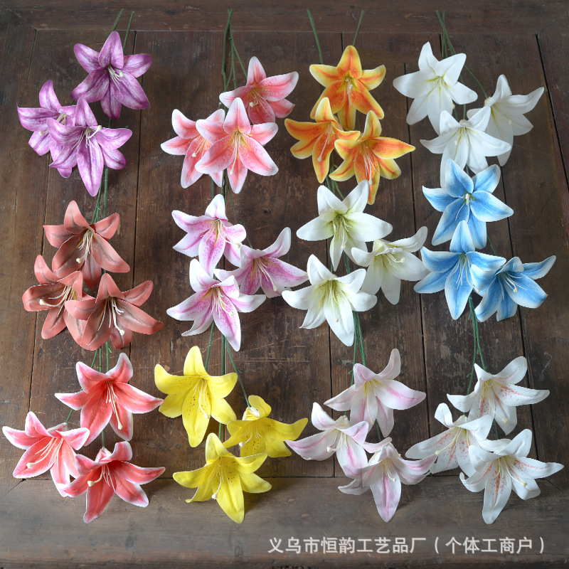Simulation flower 3 head tape lily 3D printing wedding auditorium decoration flower wall fake flower shooting props factory wholesale Simulation flower 3 head tape lily 3D printing wedding auditorium decoration flower wall fake flower shooting props factory wholesale