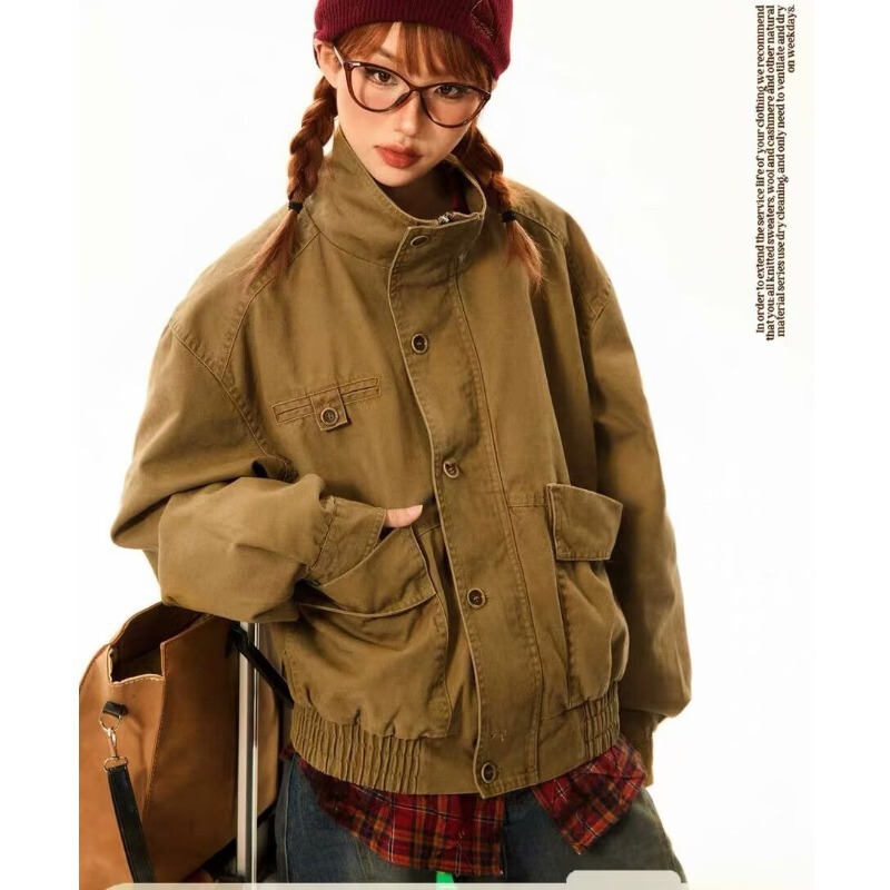 American-Style Khaki Canvas Work Jacket for Men and Women, Fashionable Loose Short Harrington Jacket for Men American-Style Khaki Canvas Work Jacket for Men and Women, Fashionable Loose Short Harrington Jacket for Men