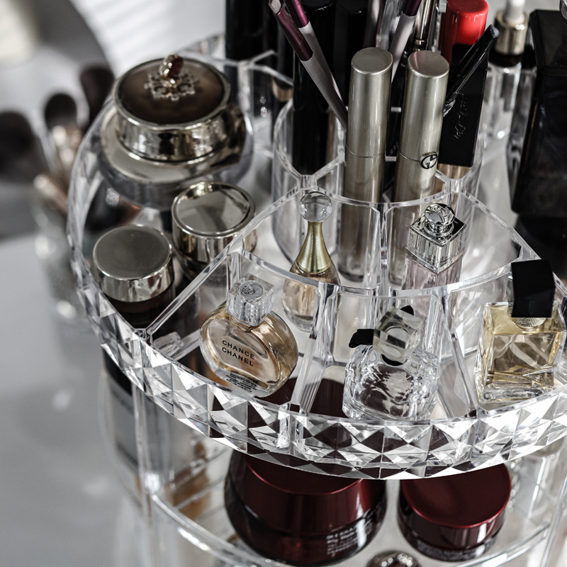 360 Rotación de productos de cuidado de la piel caja de almacenamiento de luz de lujo giratorio estante cosmético transparente estante de almacenamiento de escritorio