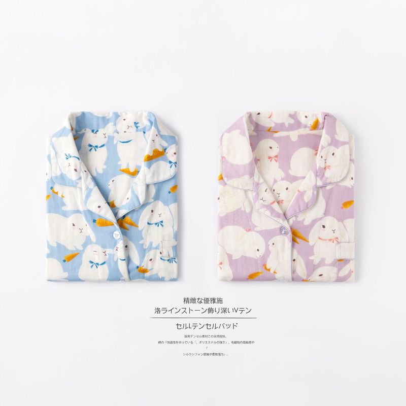 Japanese Style Double-layer Cotton Yarn Big Rabbit Pajamas Home Clothes Women's All Cotton Thin Long-sleeved Trousers for Spring and Summer Soft and Comfortable